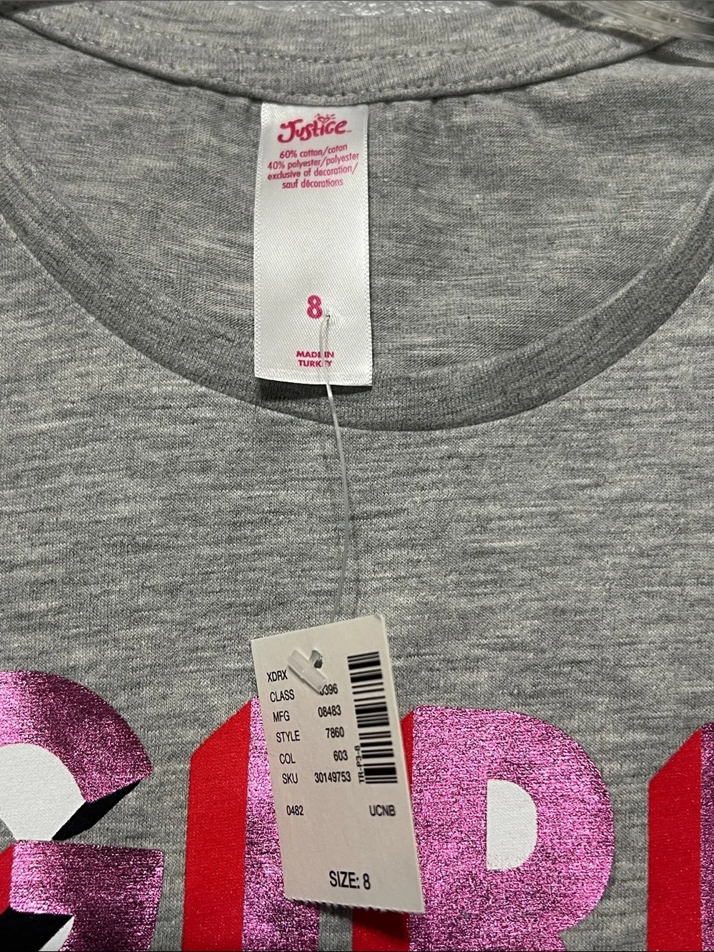 Justice Heather Gray Girl Code Graphic Tee Short Sleeve Crewneck Girl’s Size 8